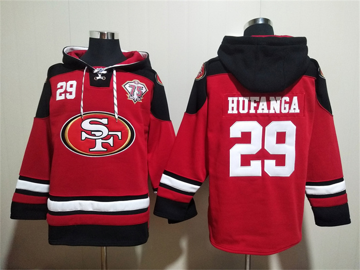 Men's San Francisco 49ers #29 Talanoa Hufanga Red With 75th Anniverseray Patch Ageless Must-Have Lace-Up Pullover Hoodie